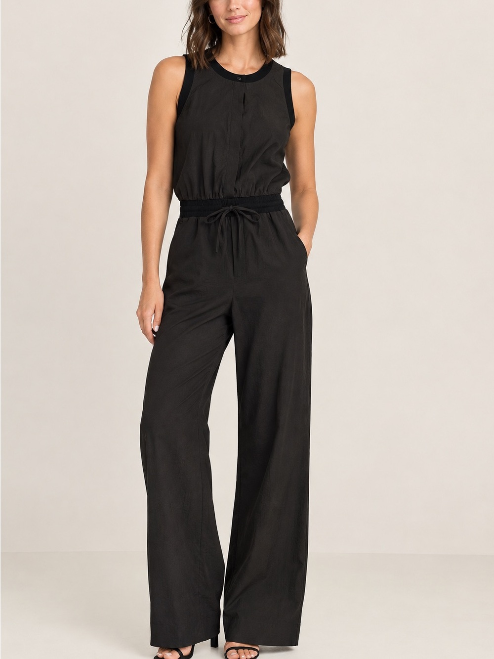 Evereve Black Sleeveless Wide-Leg Drawstring Jumpsuit Minimalist Athleisure XS